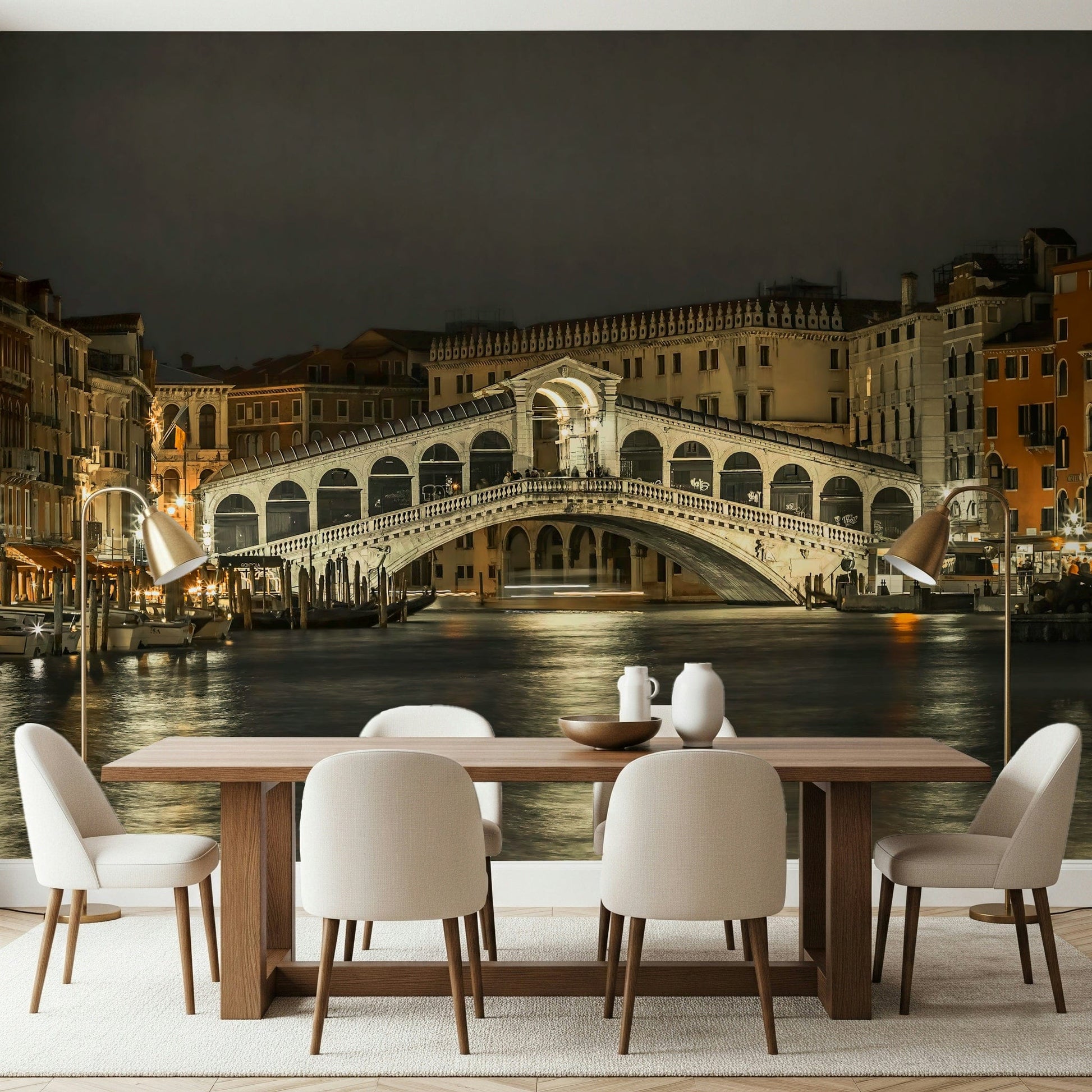 Romantic evening bridge view wallpaper for a luxury apartment interior.