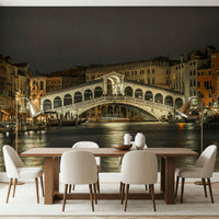 Romantic evening bridge view wallpaper for a luxury apartment interior.