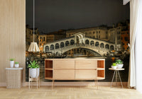 Nighttime Venice canal wallpaper in a contemporary dining room.
