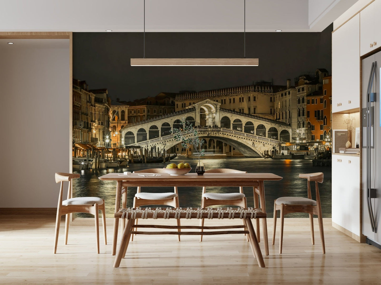 Detailed Venetian canal wall mural for a modern restaurant setting.