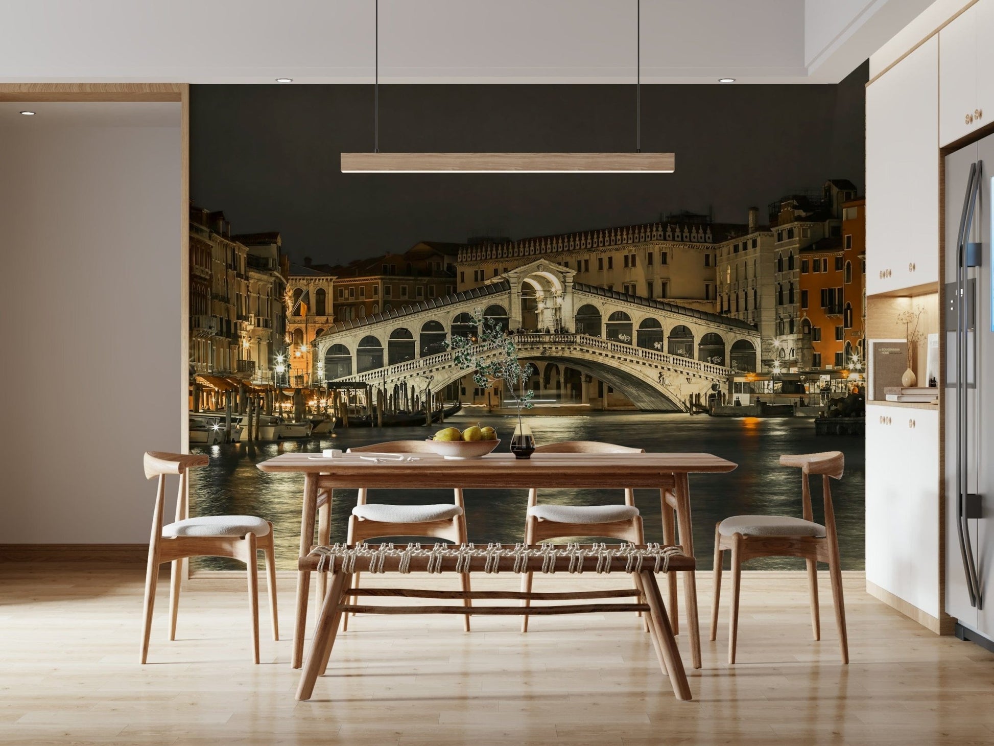 Detailed Venetian canal wall mural for a modern restaurant setting.