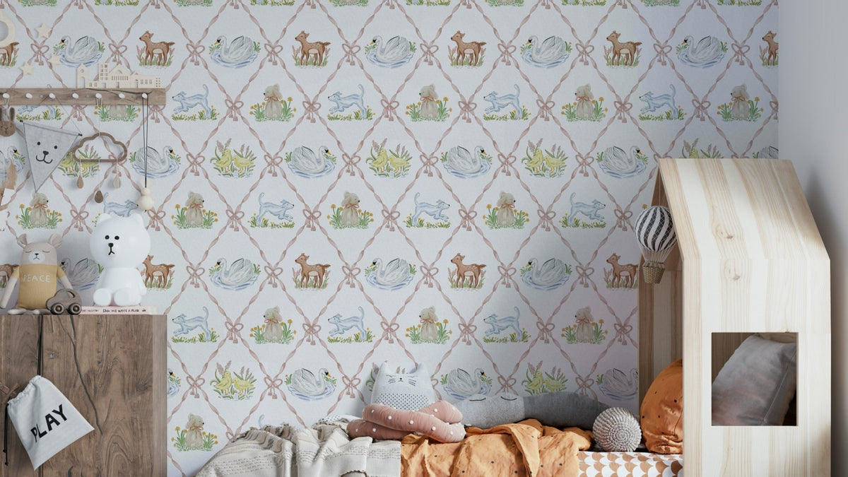 Ribbon & Rhymes Nursery Wallpaper | Cozy Wall Mural for Kids