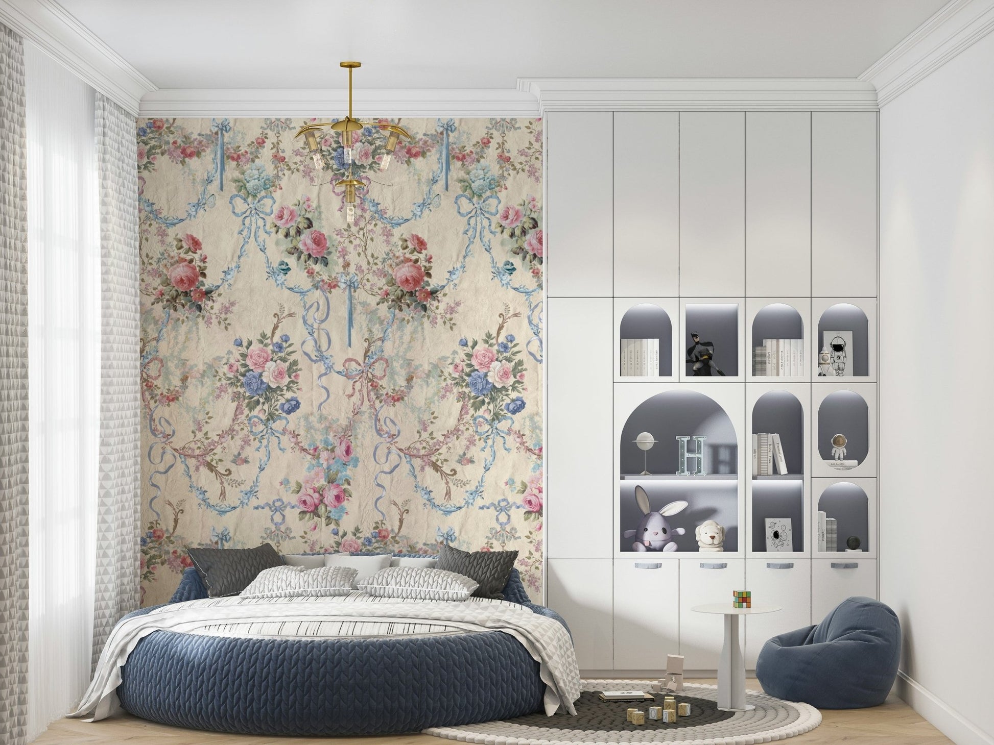 Fine Chinoiserie Ribbon Rose Serenade artistic wallpaper delicate floral arrangement.