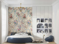 Fine Chinoiserie Ribbon Rose Serenade artistic wallpaper delicate floral arrangement.