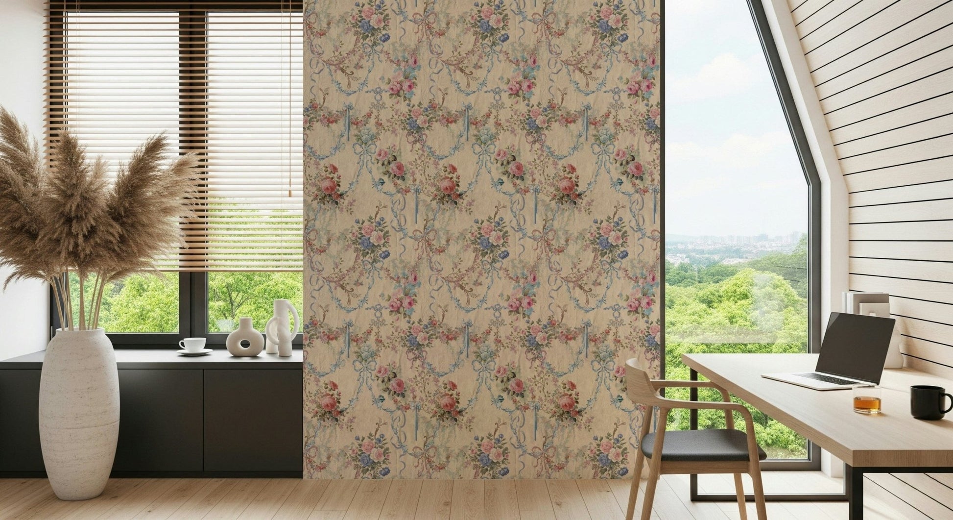 Premium Ribbon Rose Serenade wallcovering shabby chic roses pastel color scheme.