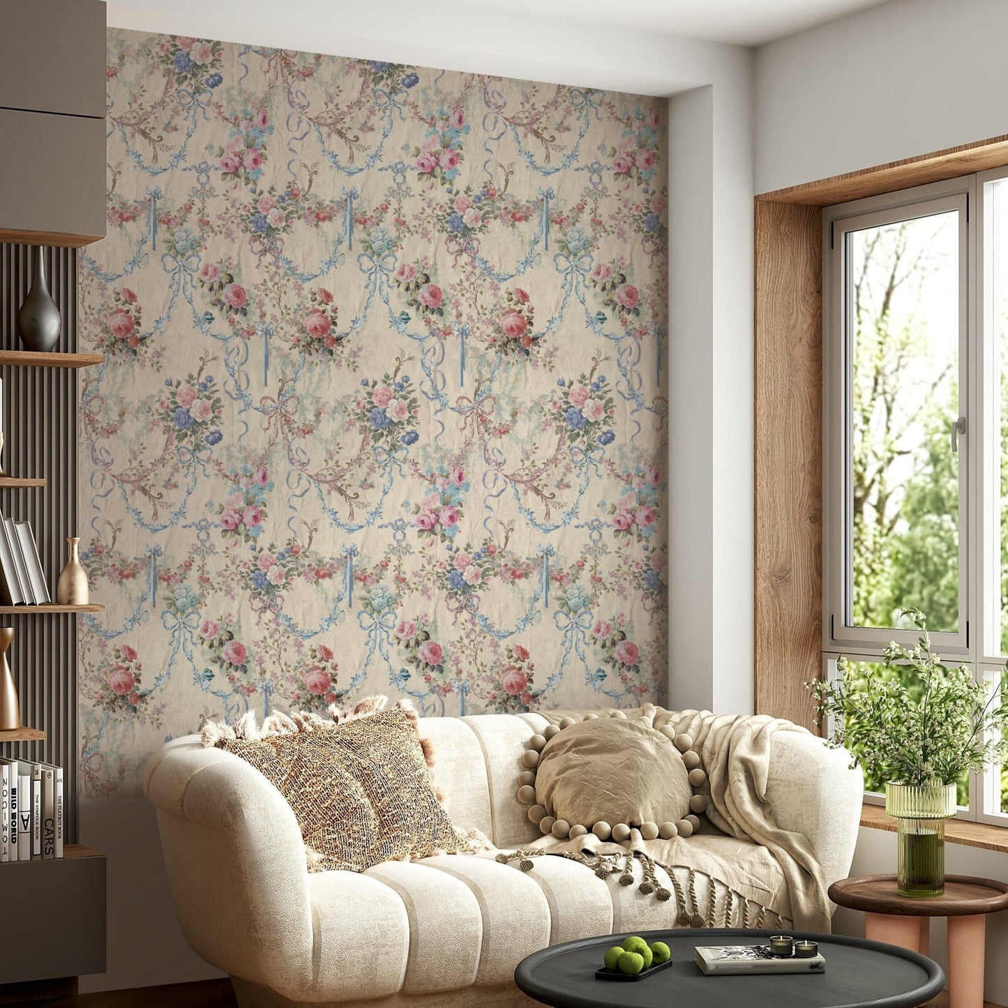 Ribbon Rose Serenade Chinoiserie wallpaper pastel floral bouquet pattern.