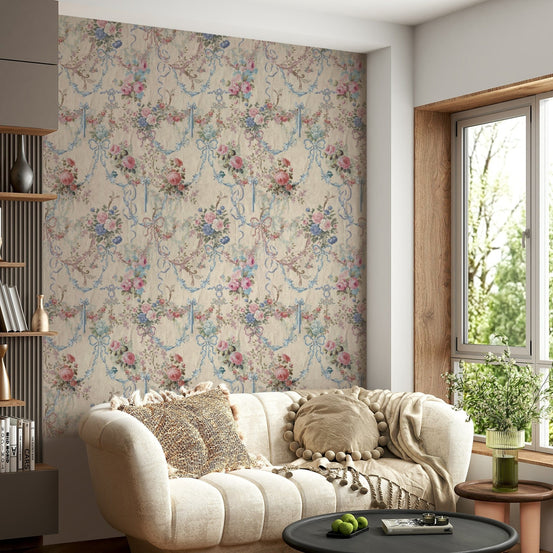 Ribbon Rose Serenade Chinoiserie wallpaper pastel floral bouquet pattern., GD6974