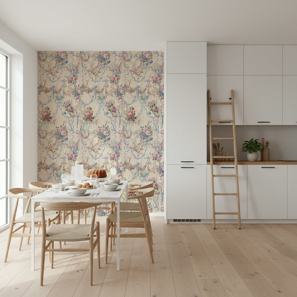 Majestic Ribbon Rose Serenade wall mural intricate detail decorative swags.