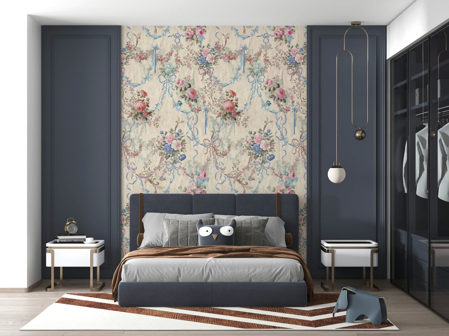 Elegant Ribbon Rose Serenade Chinoiserie print antique beige backdrop design.