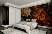 An angled shot of a wall with beautiful blossom wallpaper

