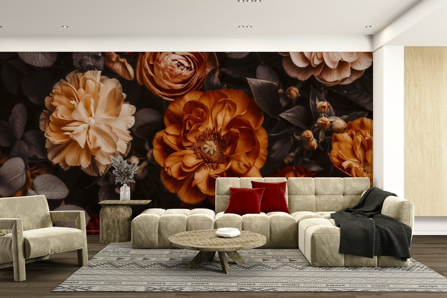 Wallpaper with an artistic, painterly floral design


