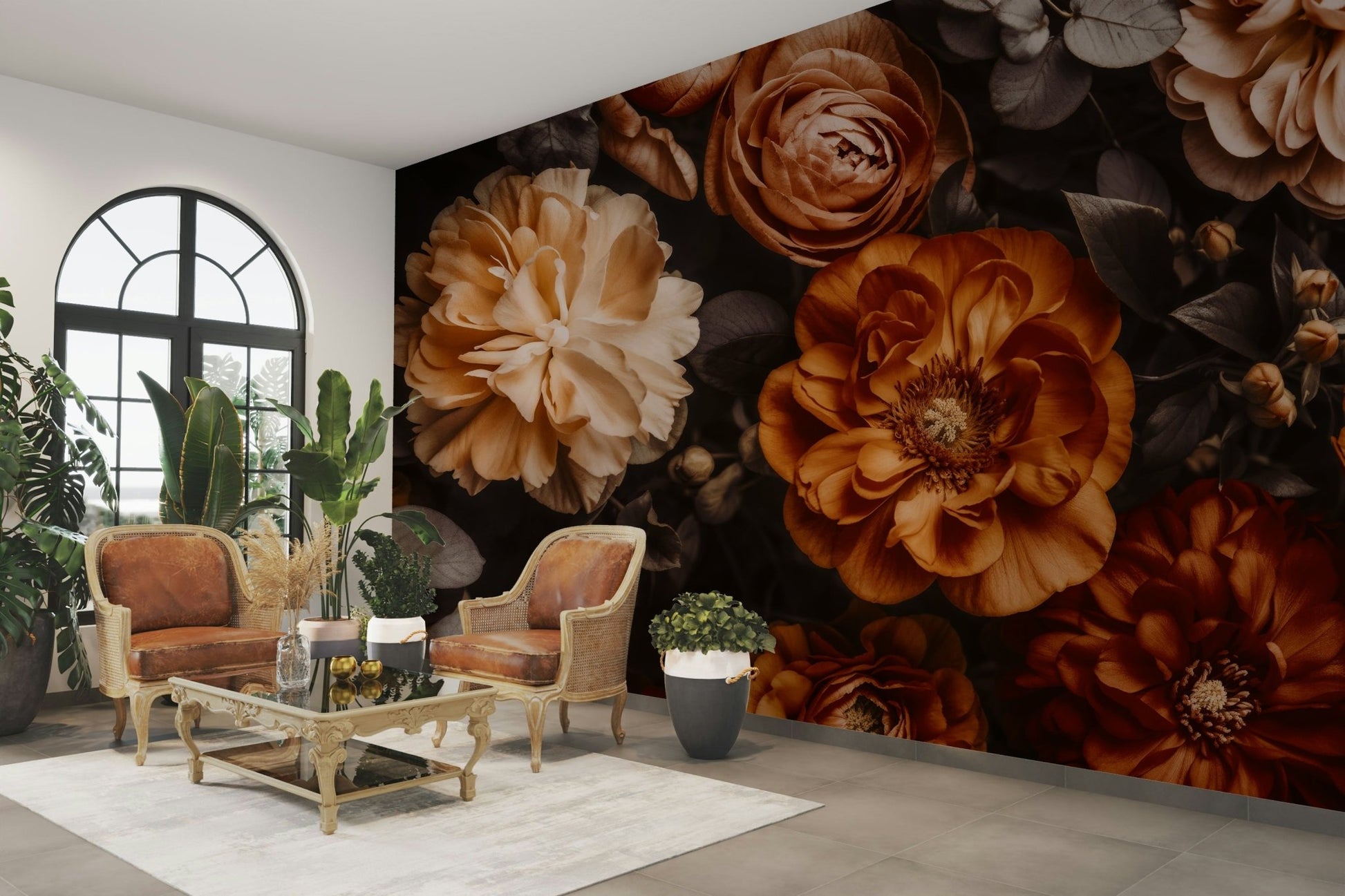 Rich Earthy Amber Autumn Blossoms Wall Mural on a bedroom wall

