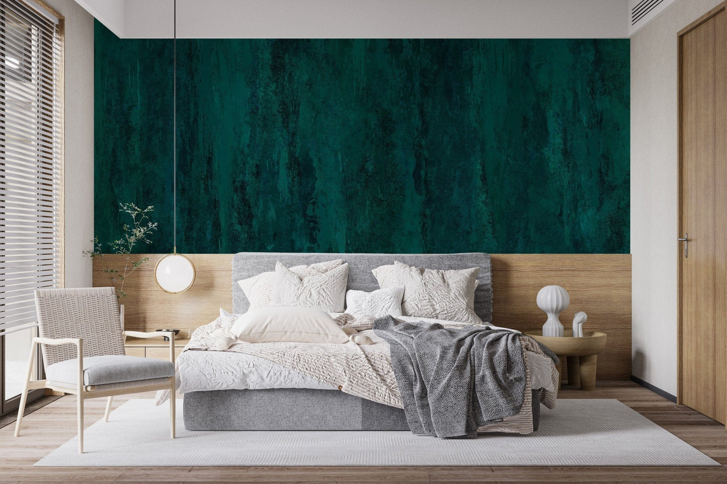 Bedroom walls shine with rich teal grunge wallpaper C438