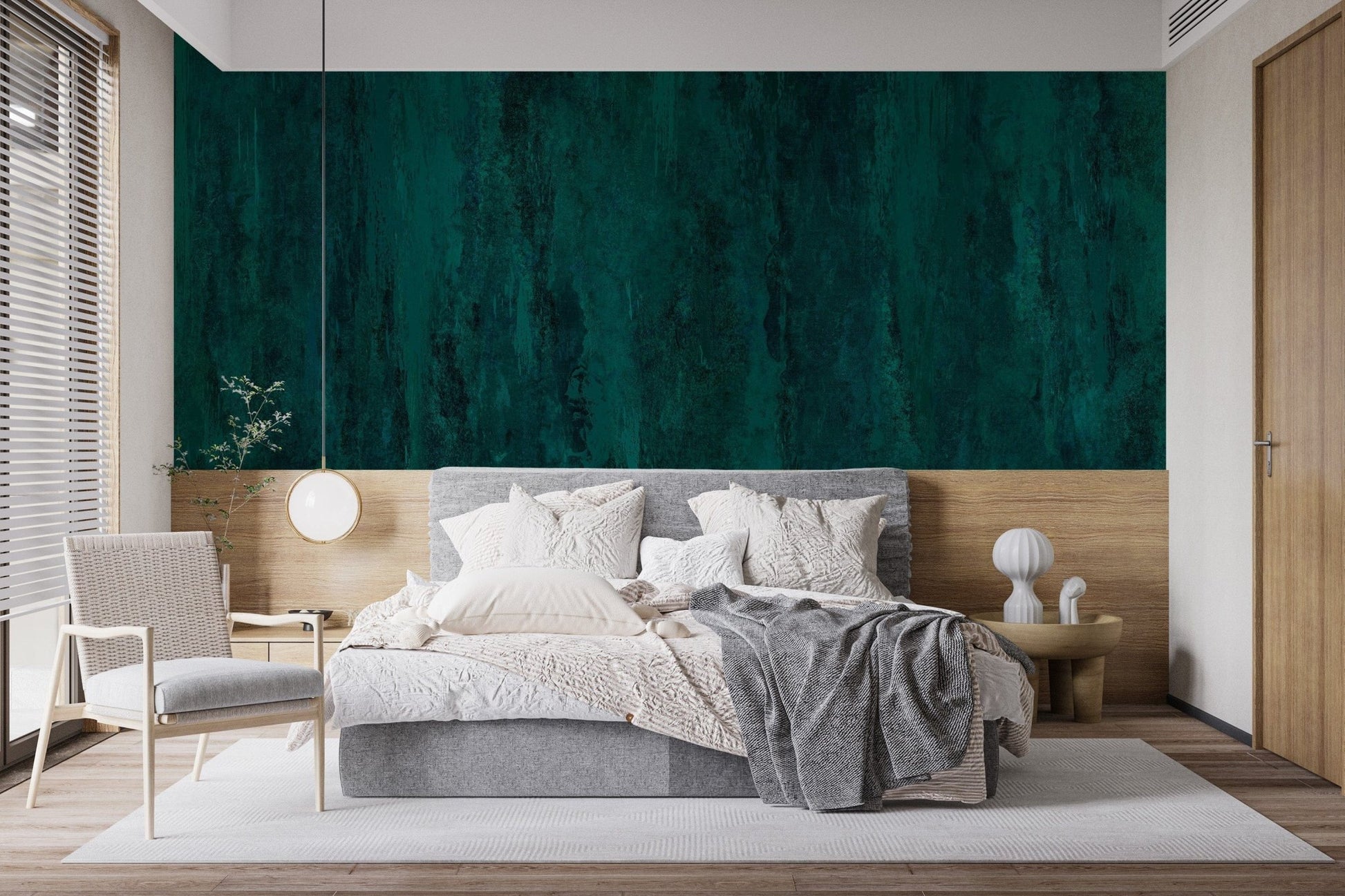 Bedroom walls shine with rich teal grunge wallpaper C438