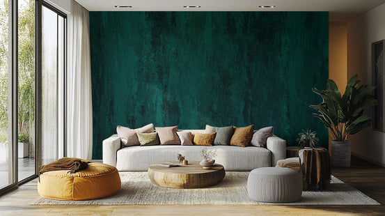 Teal grunge wallpaper creates a bold living room look C438