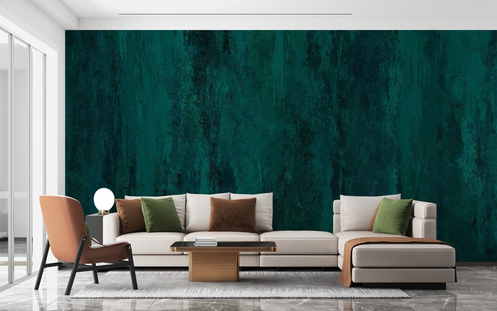 Bold teal grunge mural enhances living room interiors C438