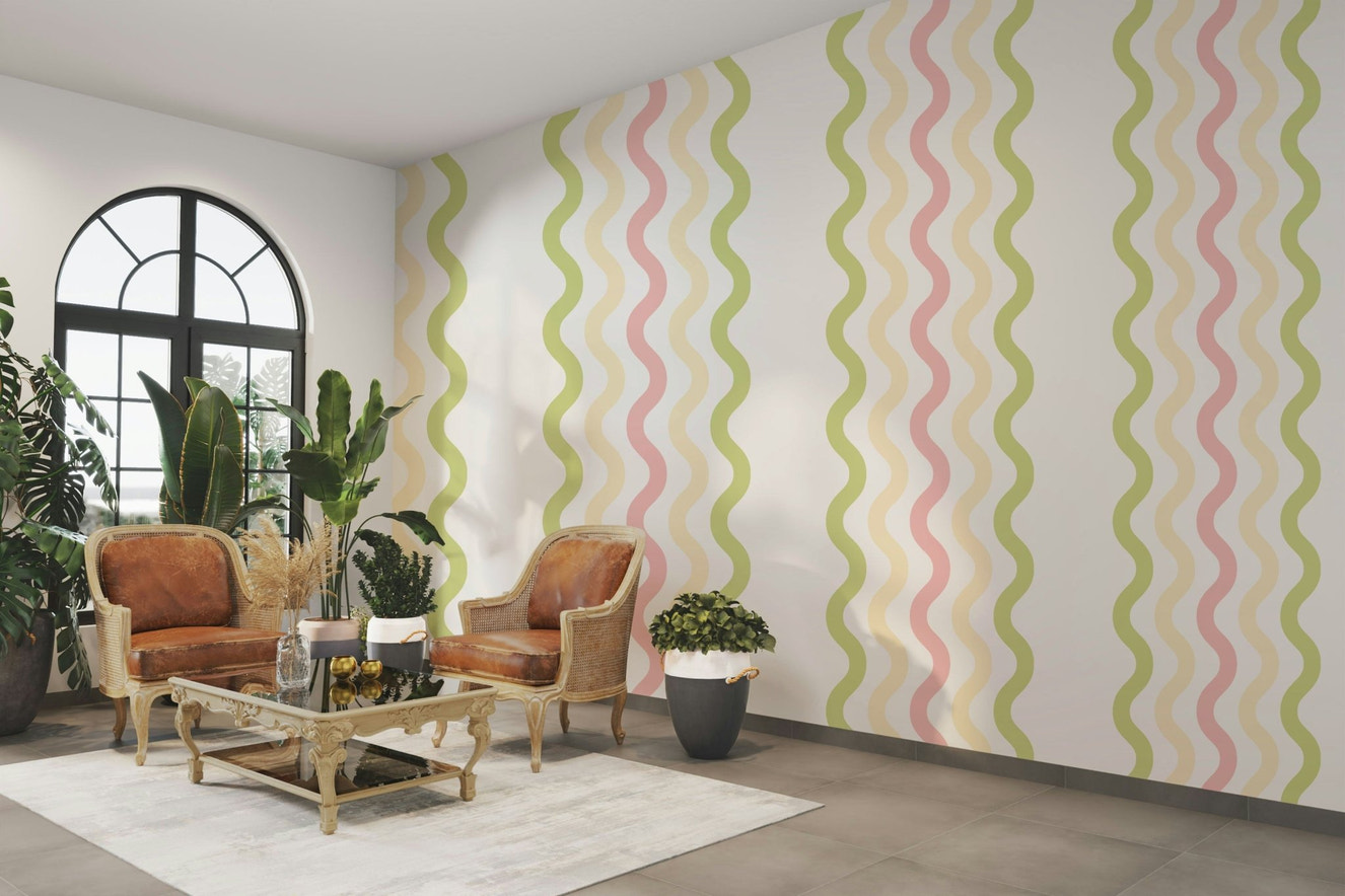 A peaceful wall mural with a fluid, ripple pattern.

