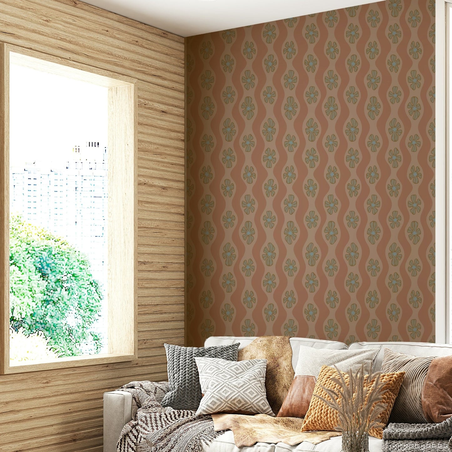 Mocha brown retro floral wallpaper with wavy stripes

