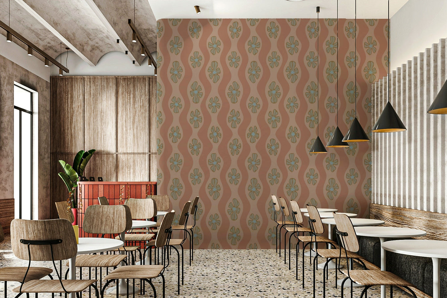 Cozy mocha-toned wallpaper with mid-century florals

