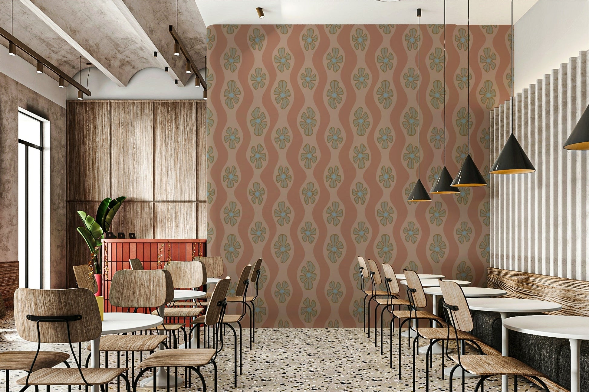 Cozy mocha-toned wallpaper with mid-century florals

