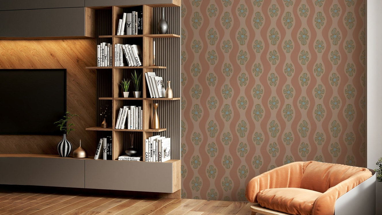 Mid-century flower wallpaper in mousse and mocha tones

