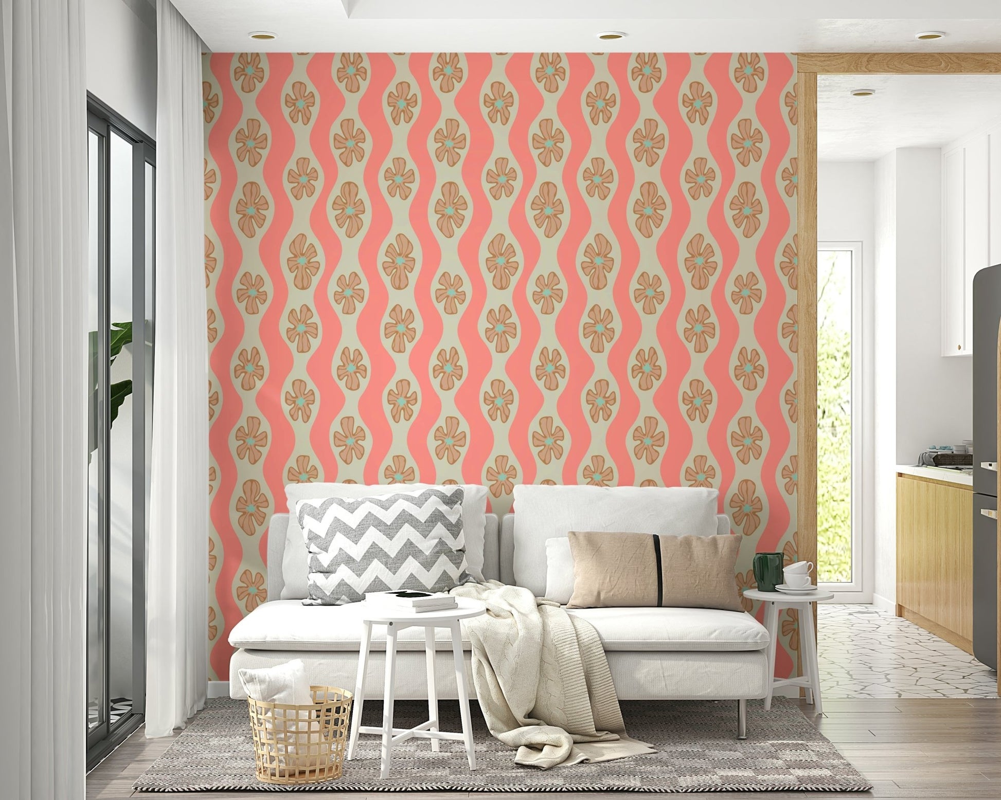Ripple stripe wallpaper with vintage floral patterns

