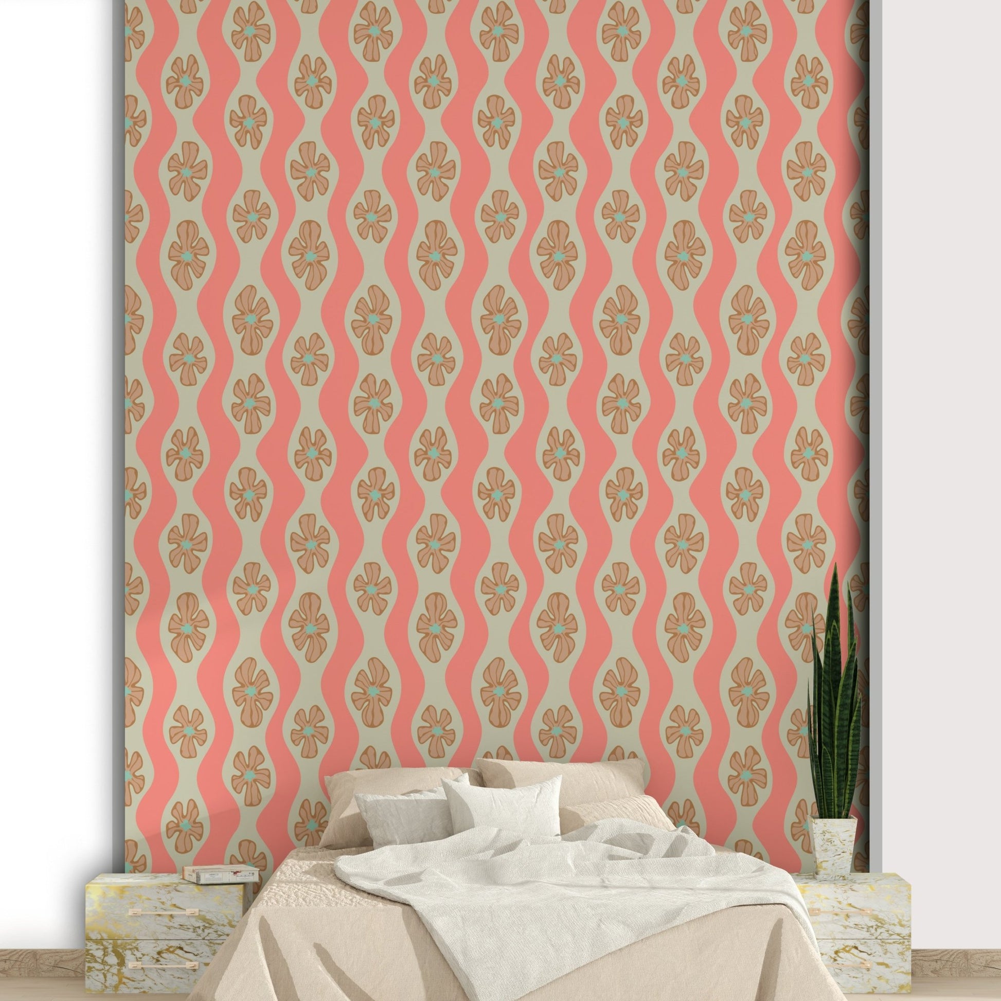 Floral and stripe pattern in warm pink and beige hues

