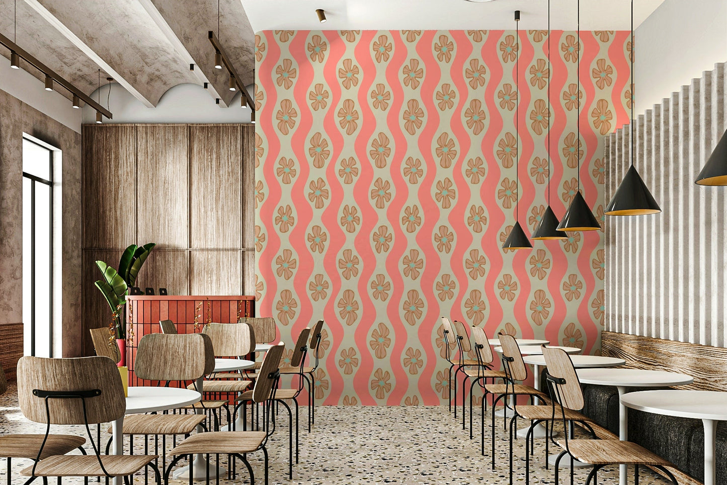 Cream background wallpaper with mid-century floral flair

