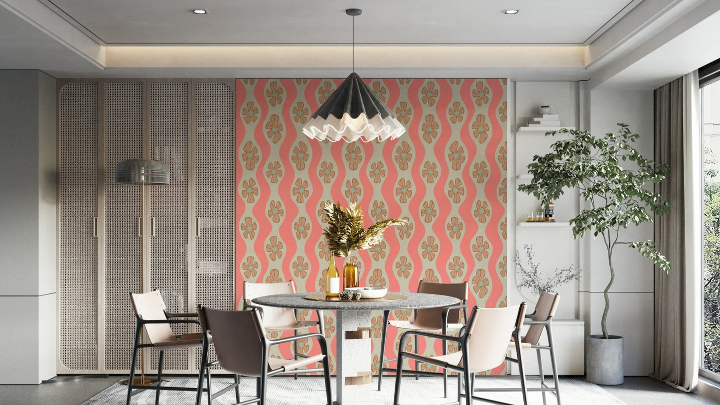 Retro floral wallpaper with wavy stripes and pastel tones

