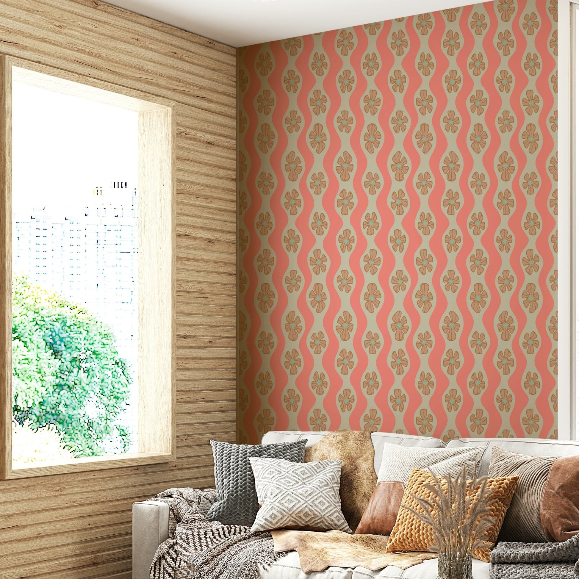 Mid-century modern wallpaper with pink and orange flowers

