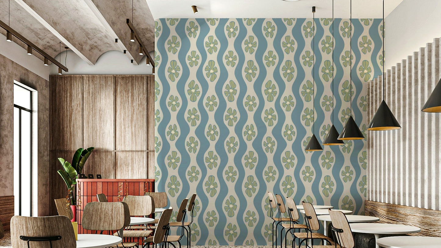 Mid-century wavy striped wallpaper with cottagecore floral design


