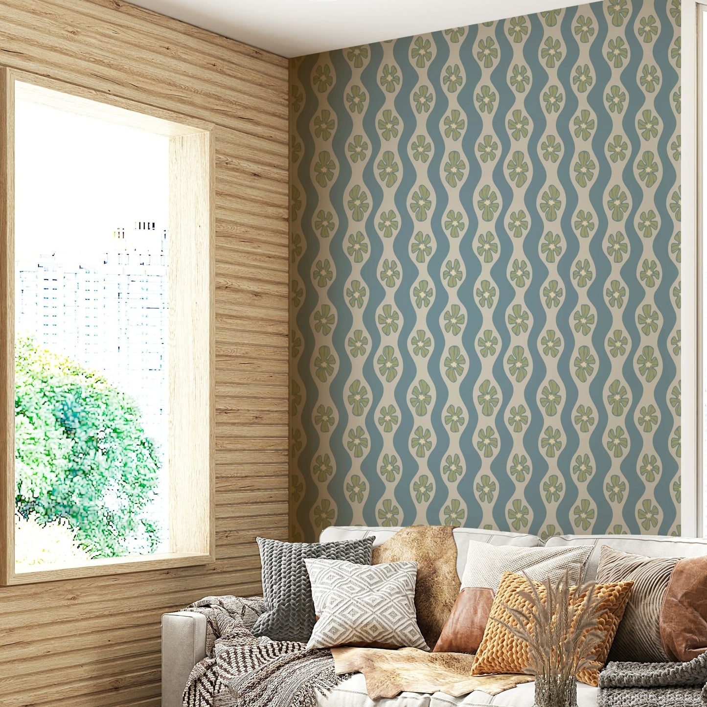 Light blue retro flower wallpaper with ripple effect stripes

