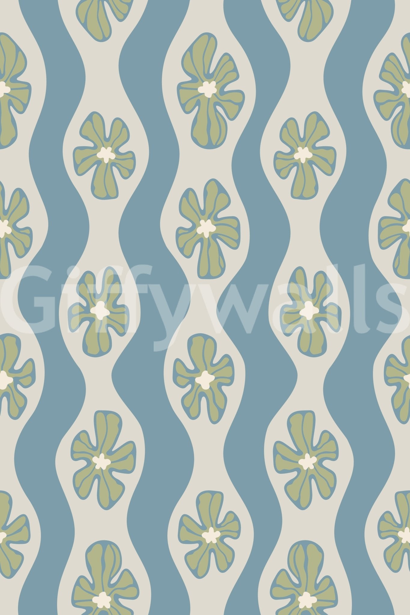 Floral wallpaper in pastel blue with mid-century vibes


