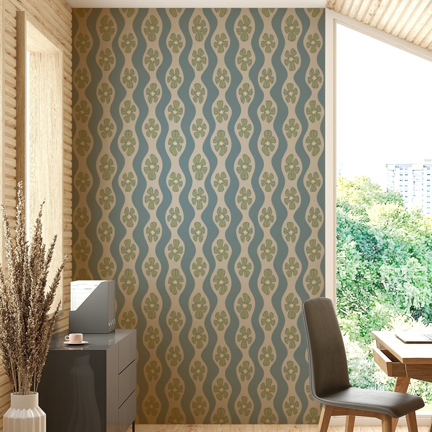 Wavy stripes and flowers on stylish vintage-themed wallpaper

