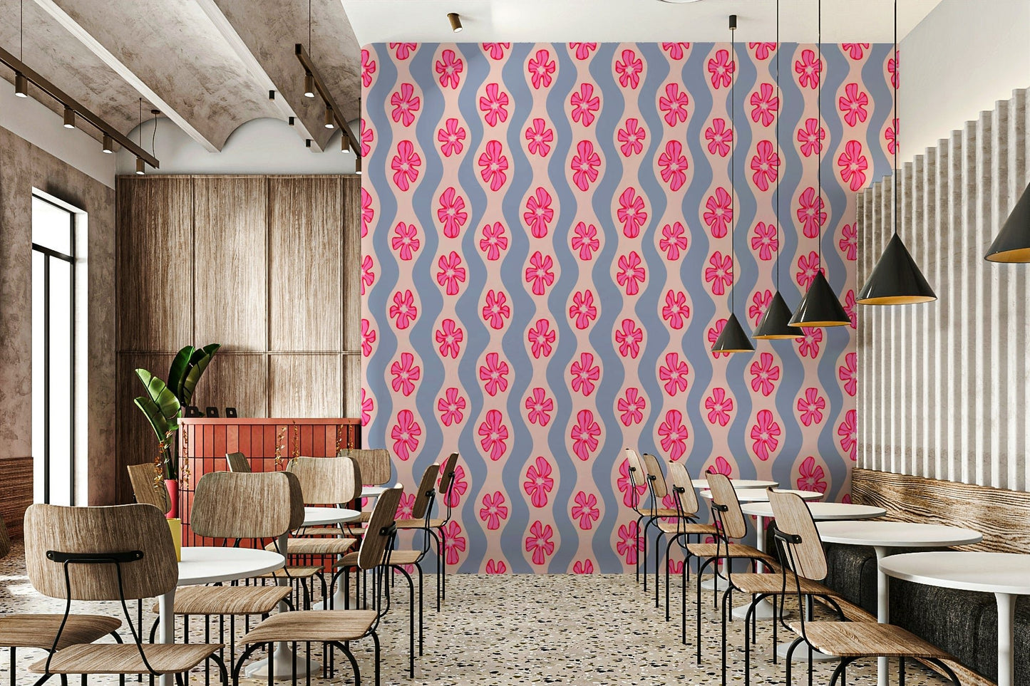 Vintage-style floral mural with curved stripes in pink tones

