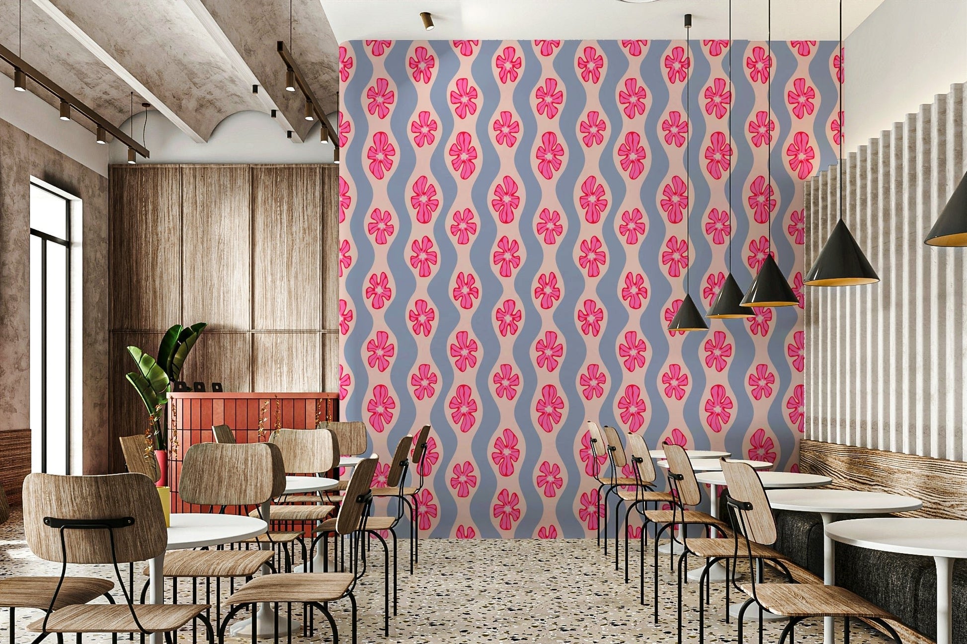 Vintage-style floral mural with curved stripes in pink tones

