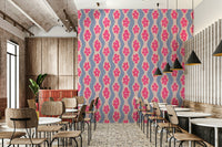 Vintage-style floral mural with curved stripes in pink tones

