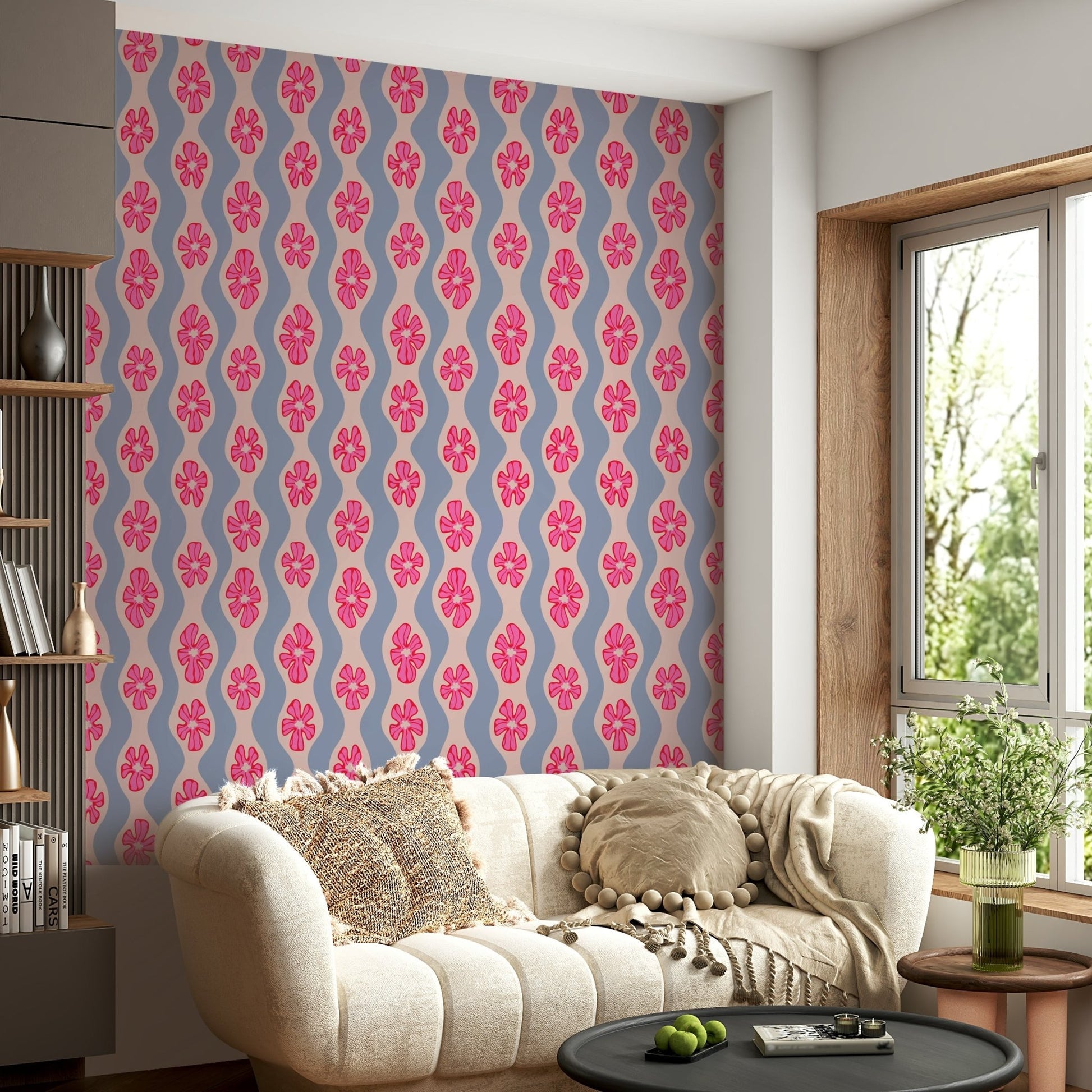 Feminine wallpaper with retro blooms in lilac and blush

