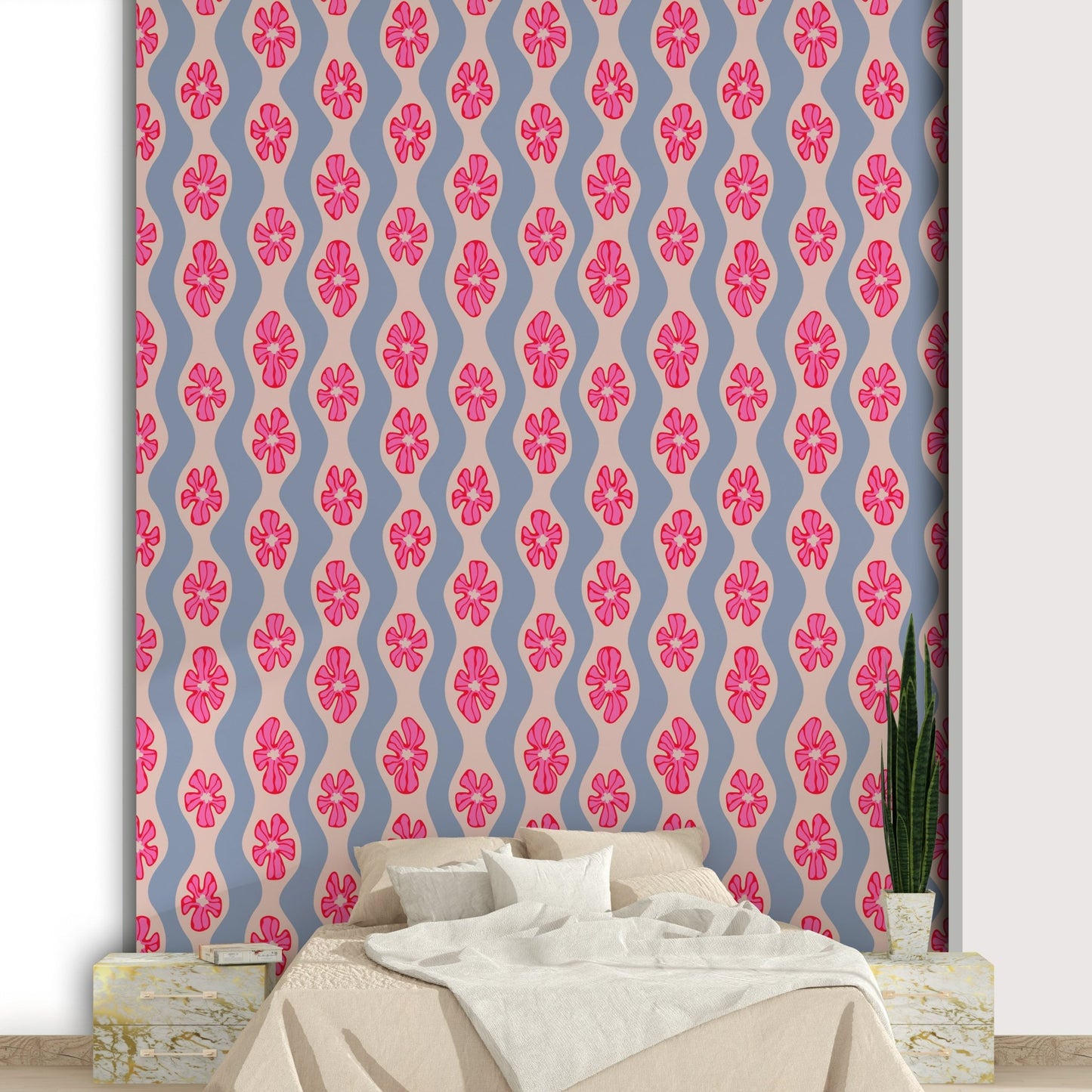 Soft retro flowers and wavy lines on pretty wallpaper


