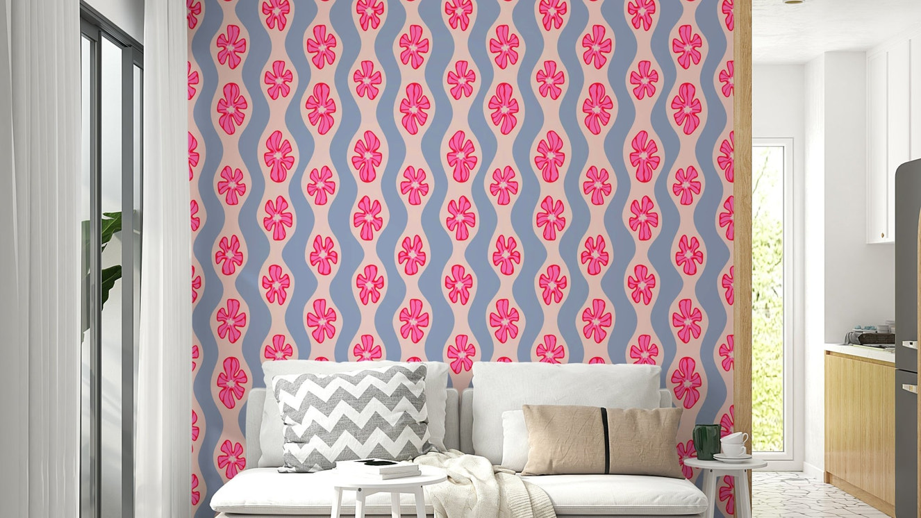 Pink and lavender retro floral wallpaper with wavy stripes

