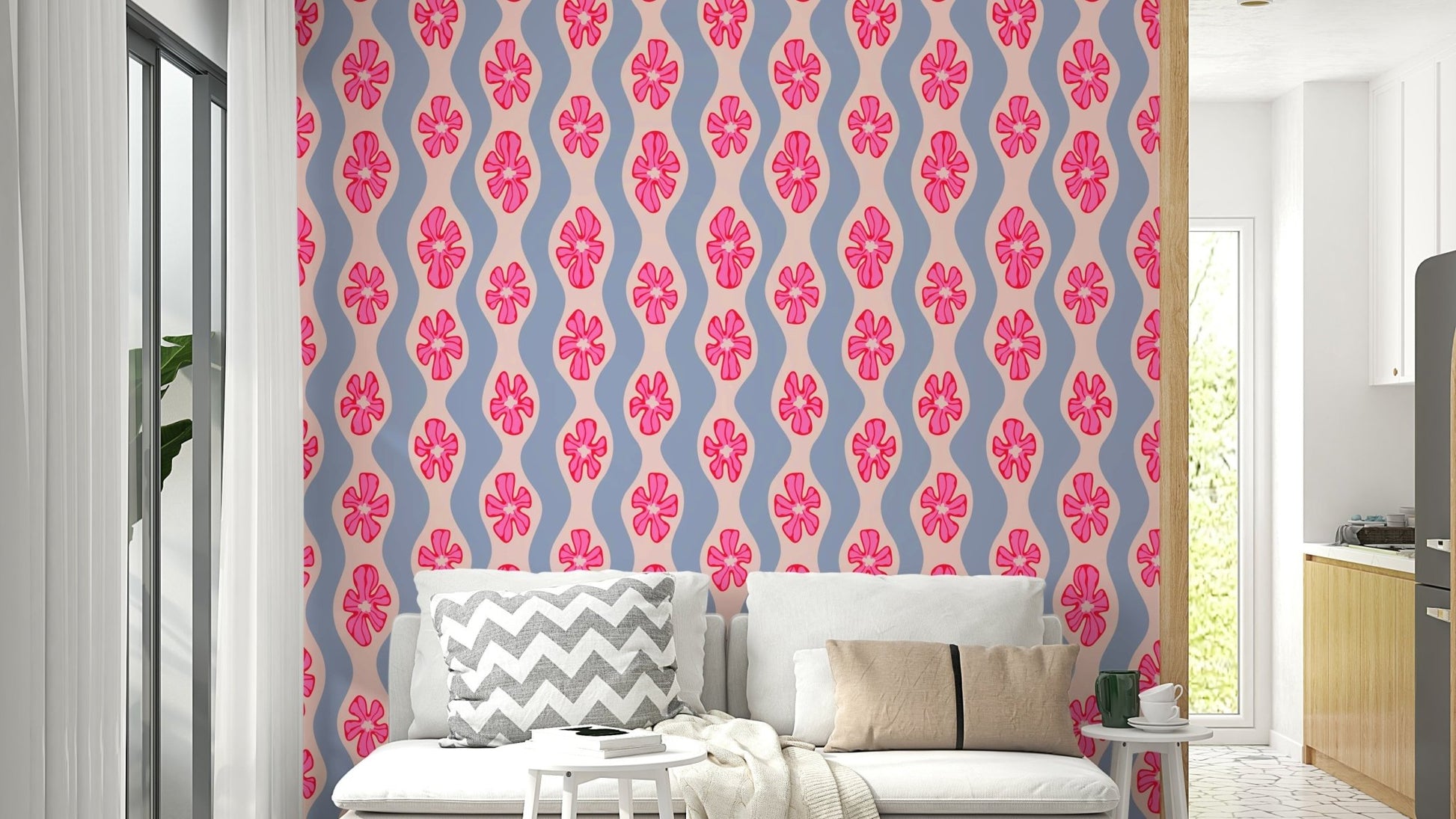 Pink and lavender retro floral wallpaper with wavy stripes

