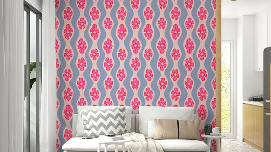 Pink and lavender retro floral wallpaper with wavy stripes, GD2208