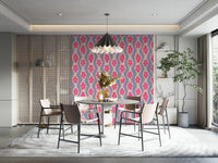Mid-century flower wallpaper in soft pink and purple hues

