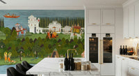 Calm riverside mural with sages, temples, and forest scenery, GD7558
