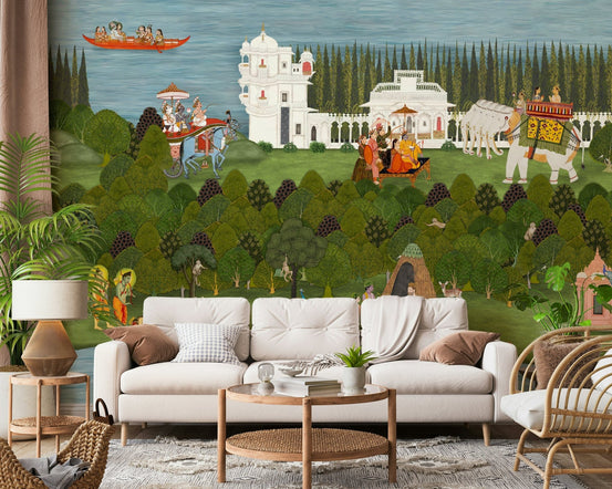 Rishikesh inspired wall mural showing forest, river, and spiritual life, GD7558