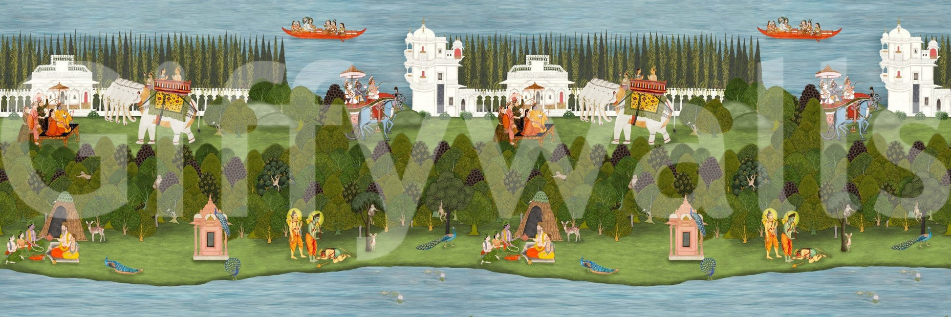Nature-focused wall mural with river, forest, and cultural scenes, GD7558