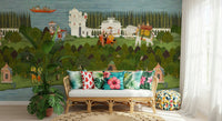 Traditional Indian miniature style mural with riverbanks and figures, GD7558