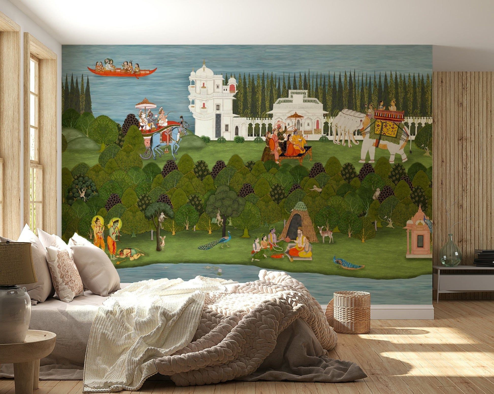 Scenic wall mural featuring elephants, trees, and sacred architecture, GD7558