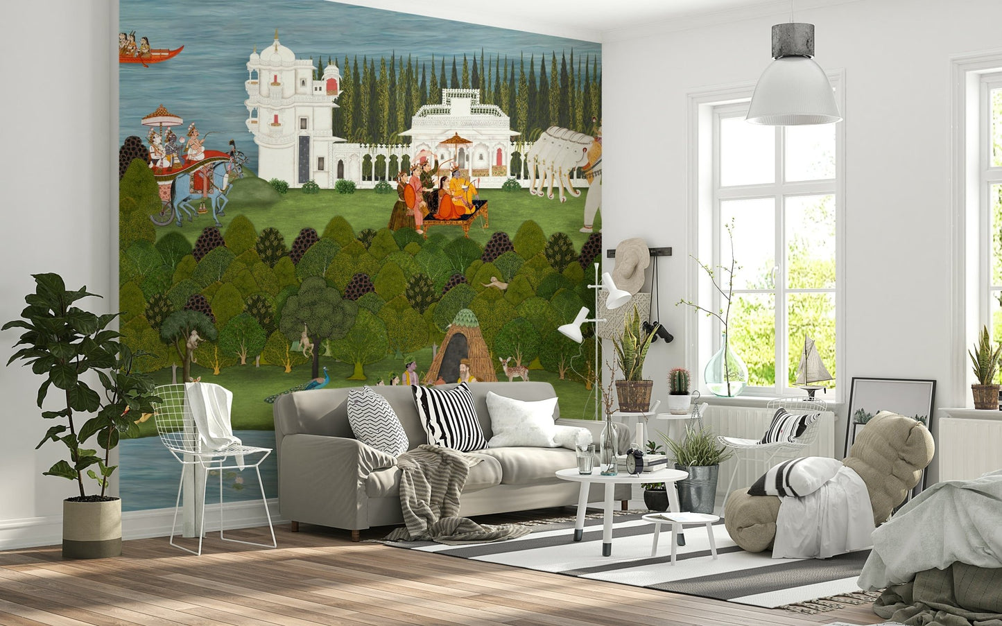 Traditional mural art depicting spiritual gatherings near a river, GD7558