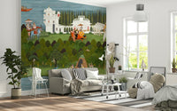 Traditional mural art depicting spiritual gatherings near a river, GD7558
